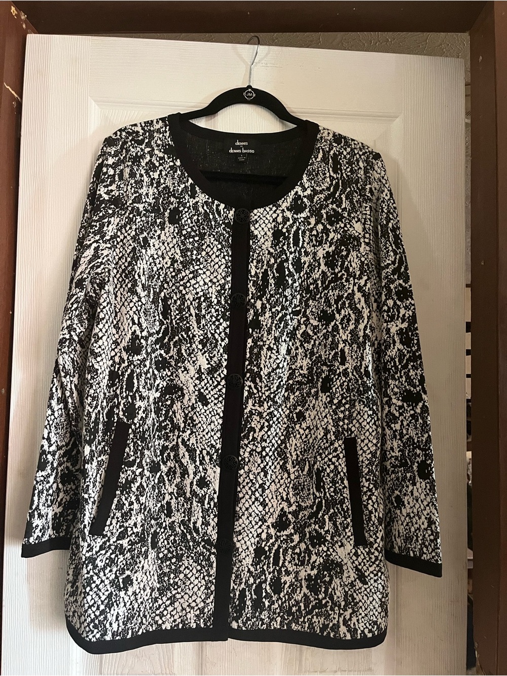 Dennis Basso Snake Print Knit Cardigan Jacket Contrast Trim Black White - L